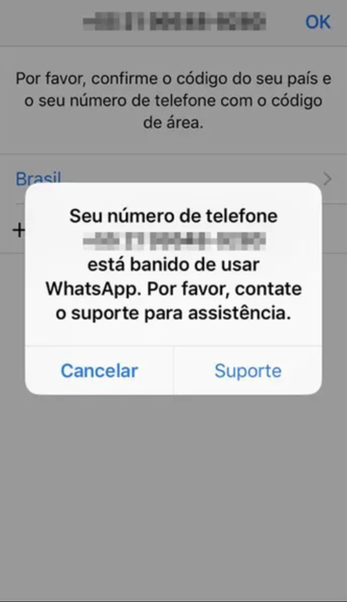 Aviso de banimento do WhatsApp